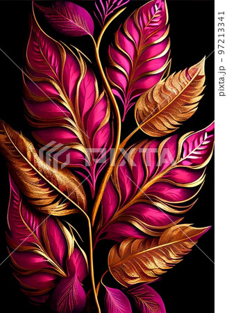 Floral gold magenta abstract background. Decorative tree leaves, fuchsia pink and golden shiny texture. Vertical Floral gold magenta abstract pattern. 97213341