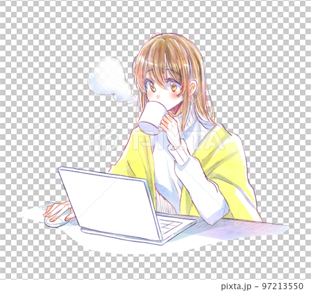 A woman operating a computer while drinking a drink Winter A woman operating a computer while drinking a drink Winter 97213550