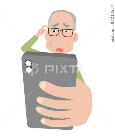 老眼でスマートフォンが見えづらい高齢男性 97213837
