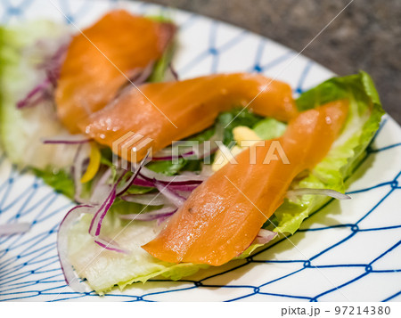 vegetable salad with smoked salmon. 97214380