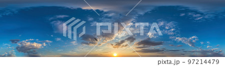 360 panorama of dark blue sunset sky with clouds Seamless hdr spherical equirectangular format with complete zenith for use in 3D, game and for composites in aerial drone 360 degree as sky dome 360 panorama of dark blue sunset sky with clouds Seamless hdr spherical equirectangular format with complete zenith for use in 3D, game and for composites in aerial drone 360 degree as sky dome 97214479