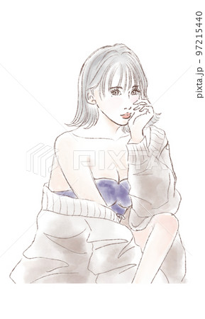 座って肘をついている外はねボブの女性イラスト 97215440