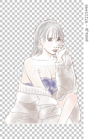 Illustration of a bob woman sitting and holding her elbows 97215440