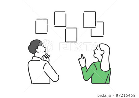 様々な案を出して企画を考えるビジネスパーソンのイラスト素材 様々な案を出して企画を考えるビジネスパーソンのイラスト素材 97215458