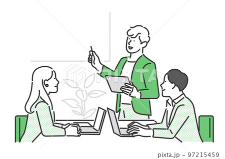 チーム内でプレゼンをするビジネスパーソンのイラスト素材 チーム内でプレゼンをするビジネスパーソンのイラスト素材 97215459