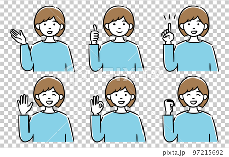 A set of simple illustrations of a young woman in various poses 97215692