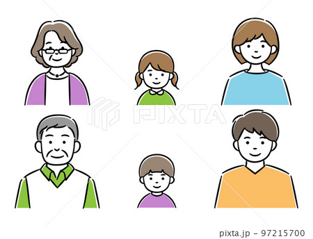 家族（シニア男女と若い男女と男女の子供）のシンプルイラスト 97215700