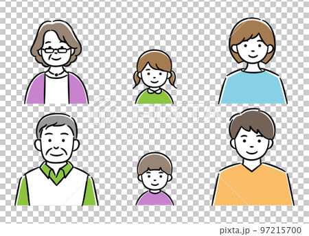 Simple illustration of family (senior men and women, young men and women and children of men and women) 97215700