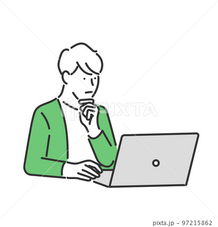 ノートパソコンを開いて考えている男性のビジネスパーソンのイラスト素材 97215862