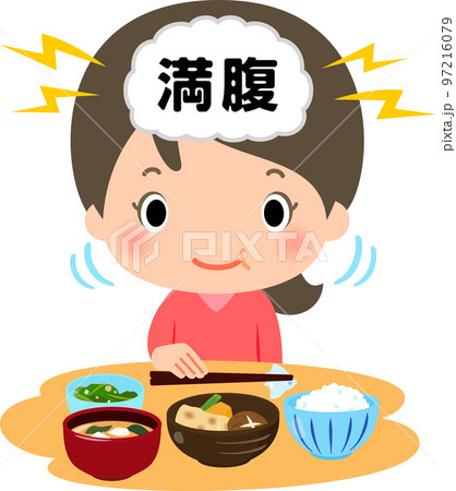 よく噛んで食事する女性と満腹中枢のイメージ 97216079
