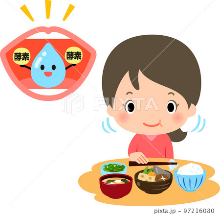 よく噛んで食事する女性と唾液・酵素のイメージ 97216080