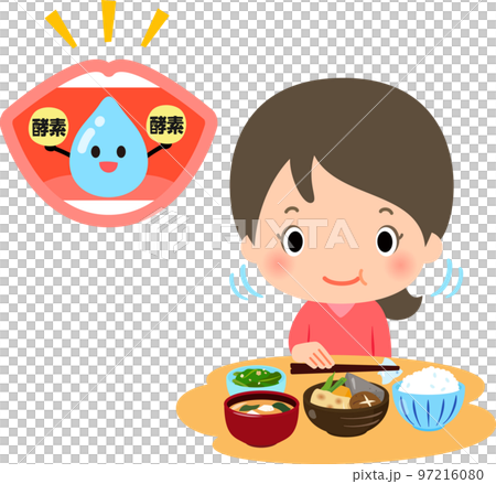 よく噛んで食事する女性と唾液・酵素のイメージ 97216080