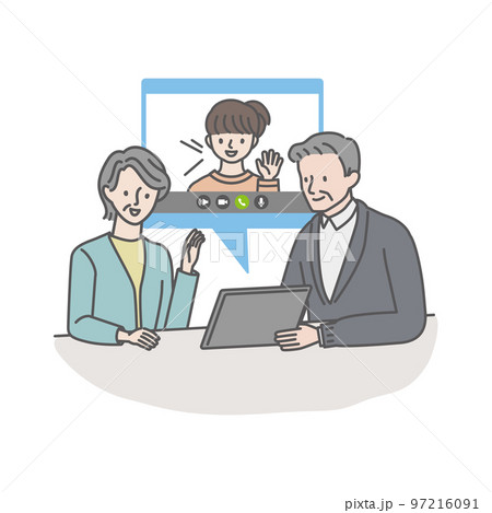 タブレットを使って孫とビデオ通話をするシニア夫婦 97216091