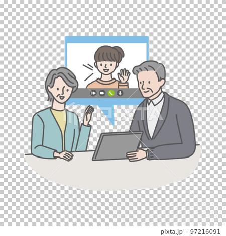 タブレットを使って孫とビデオ通話をするシニア夫婦 97216091