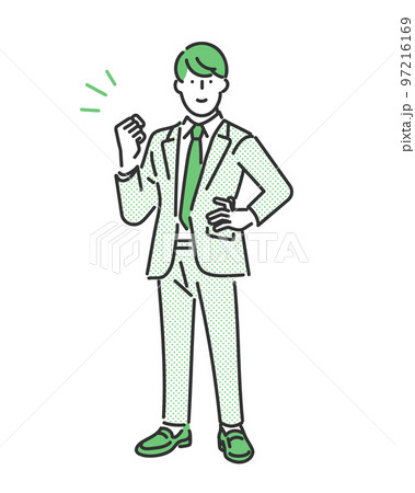腰に手をあててガッツポーズをとるビジネスパーソンのイラスト素材 97216169