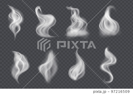 Smoke vector collection, isolated on transparent background. Set of realistic white smoke steam, waves from coffee,tea,cigarettes, hot food. Fog and mist effect. 97216509