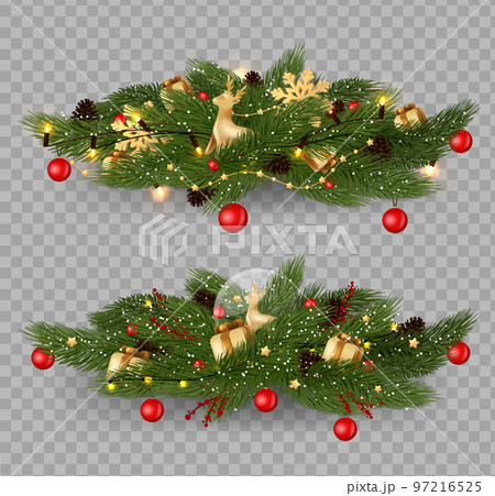 Christmas decoration set of Christmas fir garlands with poinsettia, red berries, cones and jingle bells. Christmas decoration set of Christmas fir garlands with poinsettia, red berries, cones and jingle bells. 97216525
