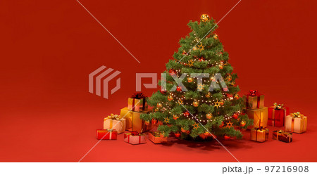 クリスマスツリーとプレゼント　赤背景　3D 97216908