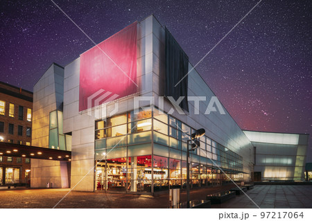 Helsinki, Finland. Very Peri Starry Sky Evening Night View Of Kiasma Contemporary Art Museum. Museum Exhibits Contemporary Art Collection Of Finnish National Gallery. Bright Dramatic Light Purple Sky 97217064