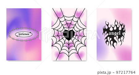 y2k gothic flame tattoo stickers. Retro psychedelic love art. Vector illustration of hand drawn elements, barbed wire, fire, butterfly, heart. Aesthetic nostalgic 2000s goth girly backgrounds. 97217764