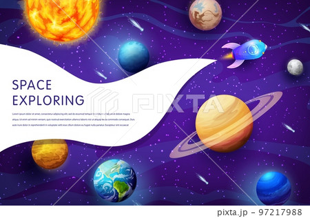 Space landscape, cartoon planets, stars and space rocket in galaxy. Cosmos exploring and investigation vector poster with shuttle flying in sky with solar system planets, universe exploration 97217988