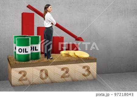 Asian businesswoman standing with 2023 and an oil barrel with a coin stack Asian businesswoman standing with 2023 and an oil barrel with a coin stack 97218043