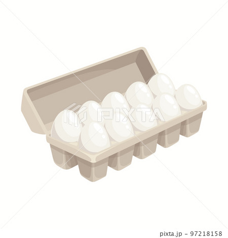 Cartoon eggs in tray isolated vector chicken eggs in carton box on white background. Cardboard package with fresh eggs, angle view, farm production retail in store 97218158