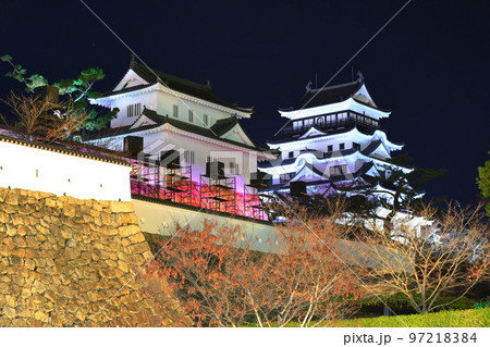 【広島県】リニューアルした福山城天守閣と鏡櫓の夜景 97218384