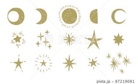月と星　シンプルな手描きの天体　お洒落なきらきら装飾イラストセット 97219081