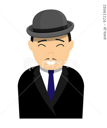 Cheerful japanese asian gentleman in bowler hat and classic jacket with shirt and tie. Cartoon character. Color vector isolated on white background 97219082