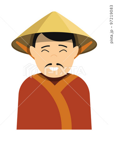 Japanese merchant with small black mustache in national straw hat. Ancient man in festive traditional dress. Cartoon character. Vector isolated on white background 97219083
