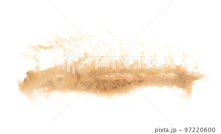 Small size fine Sand flying explosion, Golden grain wave explode. Abstract cloud fly. Yellow colored sand splash silica in Air. White background Isolated high speed shutter, throwing freeze shot 97220600