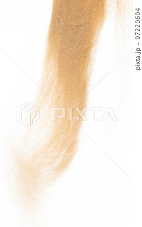 Small size fine Sand flying explosion, Golden grain wave explode. Abstract cloud fly. Yellow colored sand splash silica in Air. White background Isolated high speed shutter, throwing freeze shot 97220604