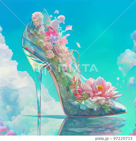 水彩画　ガラスの靴とバラと花々のイラスト　AI画像 97220715