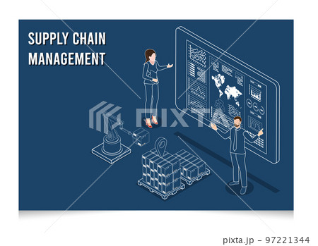3D isometric Logistics Supply Chain Management concept with description of Fleet management, Warehousing, Materials handling, Inventory and Demand planning. Vector illustration eps10 97221344