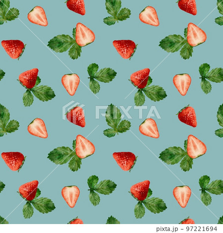 イチゴの水彩画イラスト緑のパターン 97221694