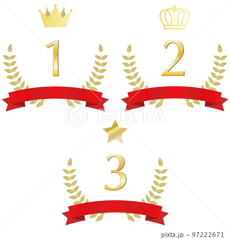 王冠と星、赤いリボンが付いた1位、2位、3位の月桂樹の飾りのイラストセット 97222671