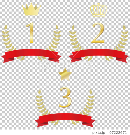 Illustration set of 1st, 2nd and 3rd place laurel ornaments with crowns and stars and red ribbons 97222671