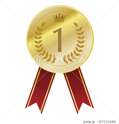 金のライン入りの赤いリボン付きの1位の金メダルのイラスト 97222685