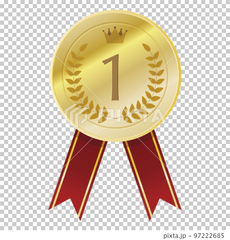 金のライン入りの赤いリボン付きの1位の金メダルのイラスト 97222685