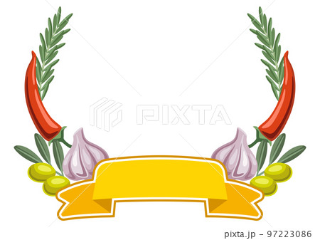 Background with rosemary and chili pepper, olive branch and garlic. Spicy for cooking. 97223086