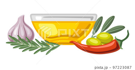 Background with flavored oil rosemary and chili pepper, olive branch and garlic. Spicy for cooking. 97223087