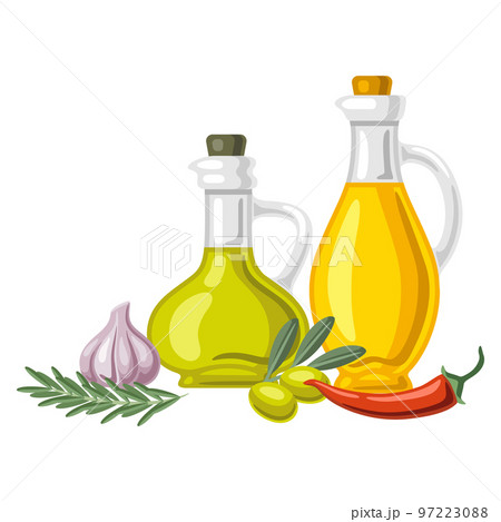 Background with flavored oil rosemary and chili pepper, olive branch and garlic. Spicy for cooking. 97223088