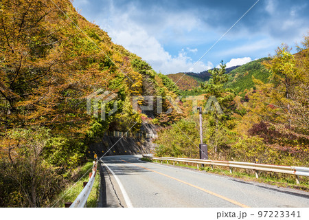 《長野県》下伊那郡平谷村 秋の国道153号治部坂峠 紅葉の山々 《長野県》下伊那郡平谷村 秋の国道153号治部坂峠 紅葉の山々 97223341