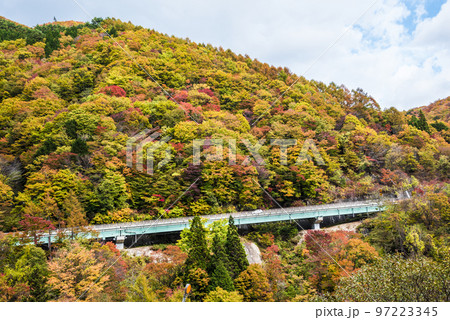 《長野県》下伊那郡平谷村 秋の国道153号治部坂峠 紅葉の山々 《長野県》下伊那郡平谷村 秋の国道153号治部坂峠 紅葉の山々 97223345
