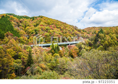 《長野県》下伊那郡平谷村 秋の国道153号治部坂峠 紅葉の山々 《長野県》下伊那郡平谷村 秋の国道153号治部坂峠 紅葉の山々 97223351