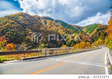 《長野県》下伊那郡平谷村　秋の国道153号治部坂峠　紅葉の山々 97223371