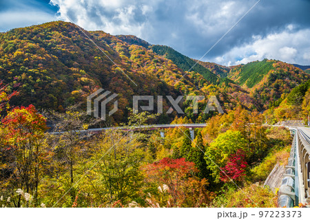 《長野県》下伊那郡平谷村 秋の国道153号治部坂峠 紅葉の山々 《長野県》下伊那郡平谷村 秋の国道153号治部坂峠 紅葉の山々 97223373