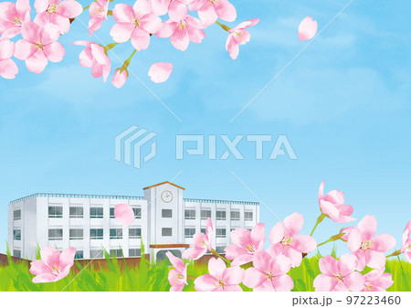 水彩風　青空と桜と校舎 97223460