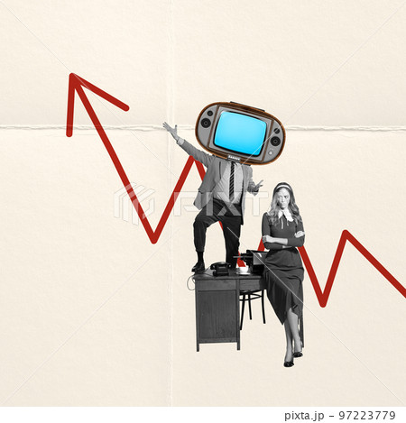 Contemporary art collage. Business meeting. Man with TV set head talking about professional news. Woman sitting and calmly listening Contemporary art collage. Business meeting. Man with TV set head talking about professional news. Woman sitting and calmly listening 97223779